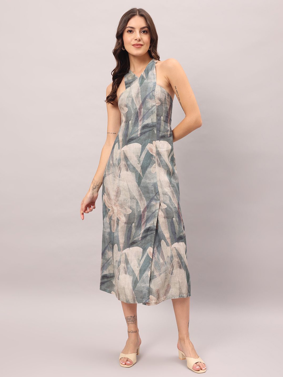 

BRIJAL LAD Floral Print Linen A-Line Midi Dress, Blue