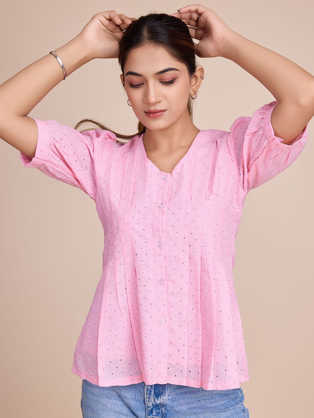

HOUSE OF MIRA V-Neck Puff Sleeves Cotton Top, Pink
