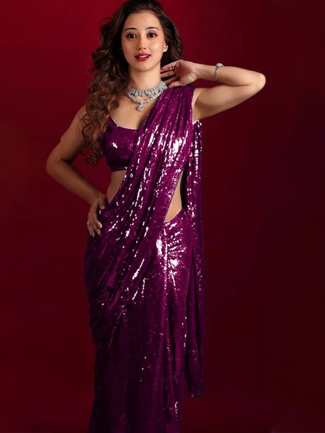 

ANJANI TEXTILE Embellished Sequinned Poly Georgette Heavy Work Saree, Purple