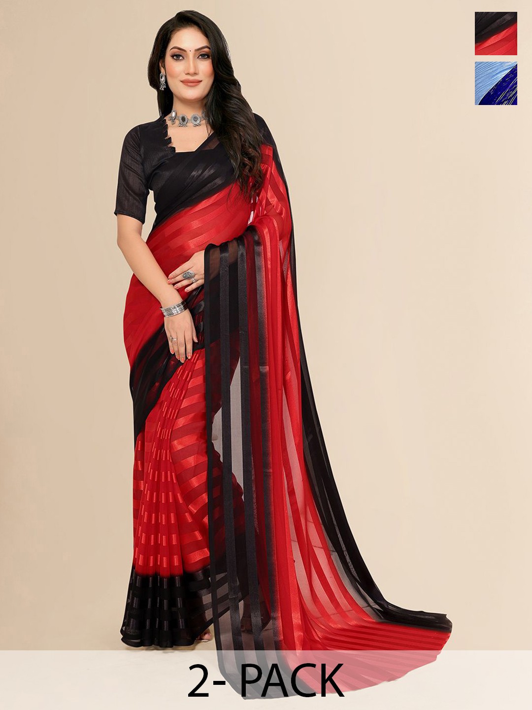 

Moda Rapido Set of 2 Striped Satin Sarees, Red