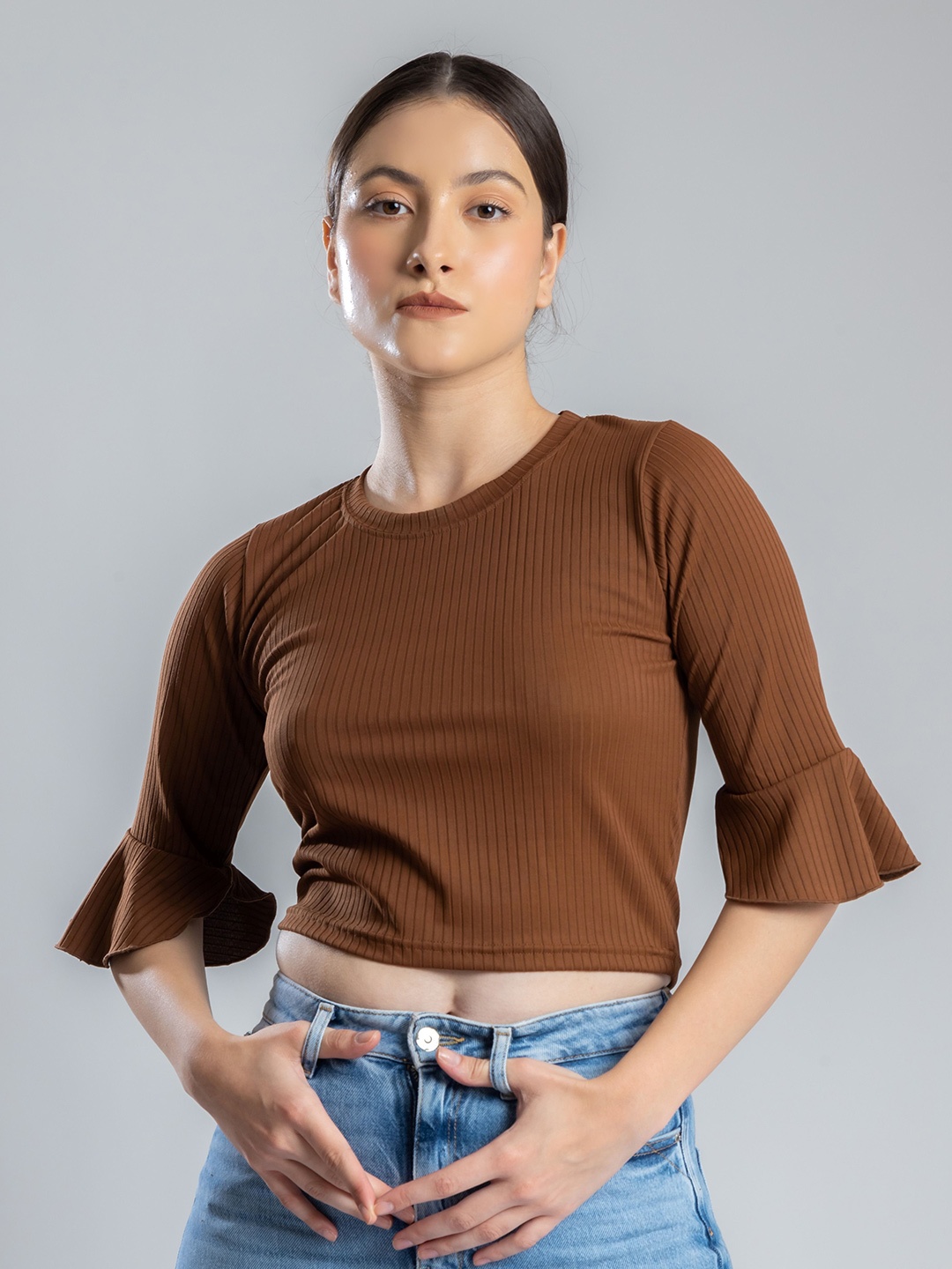 

PYR8 Striped Bell Sleeve Crop Top, Brown