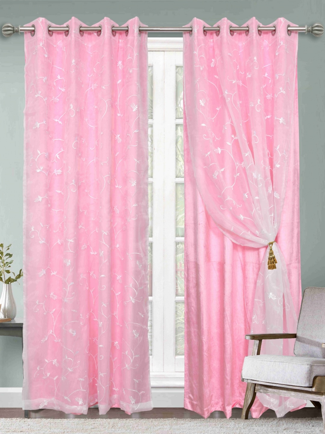 

Aura Pink And White 2 Pieces Embroidered Long Door Rod Pocket Velvet Curtains