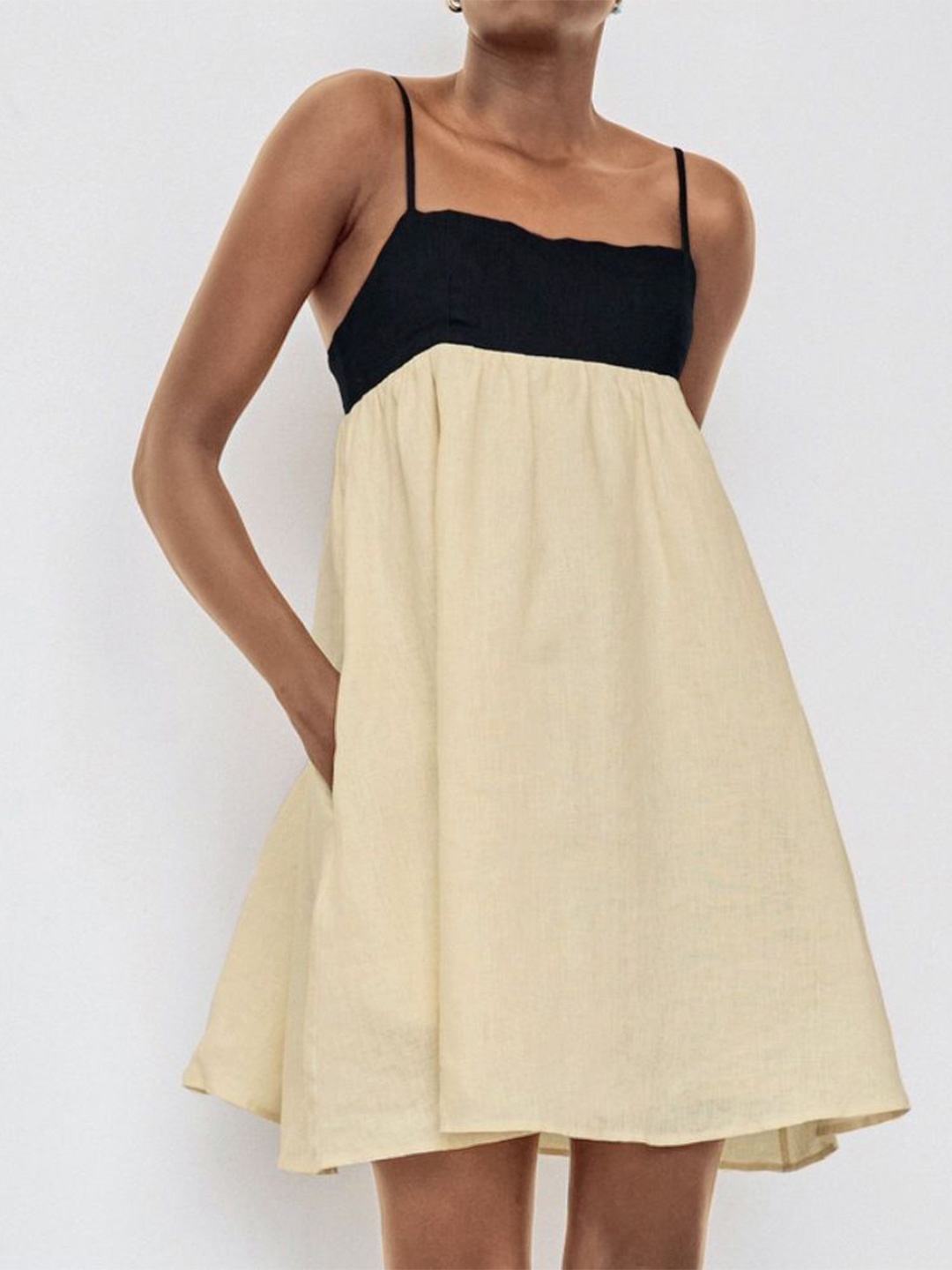 

MIAKEE Colourblocked Cotton Empire Dress, Beige