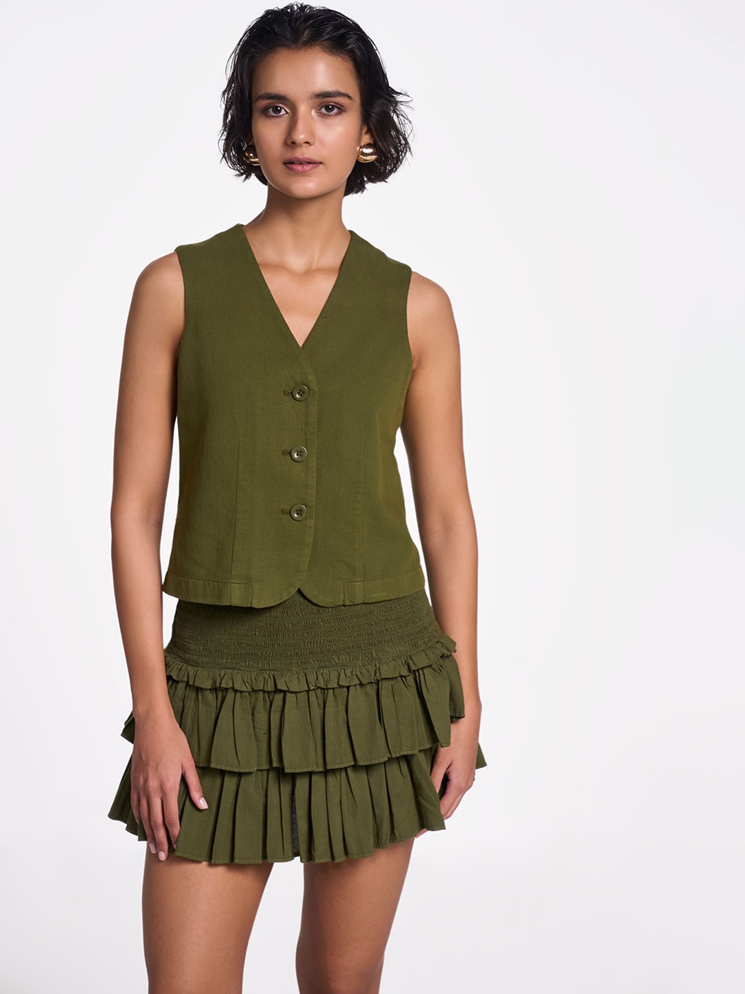 

Terra Luna V-Neck Sleeveless Khadi Cotton Waistcoat, Olive