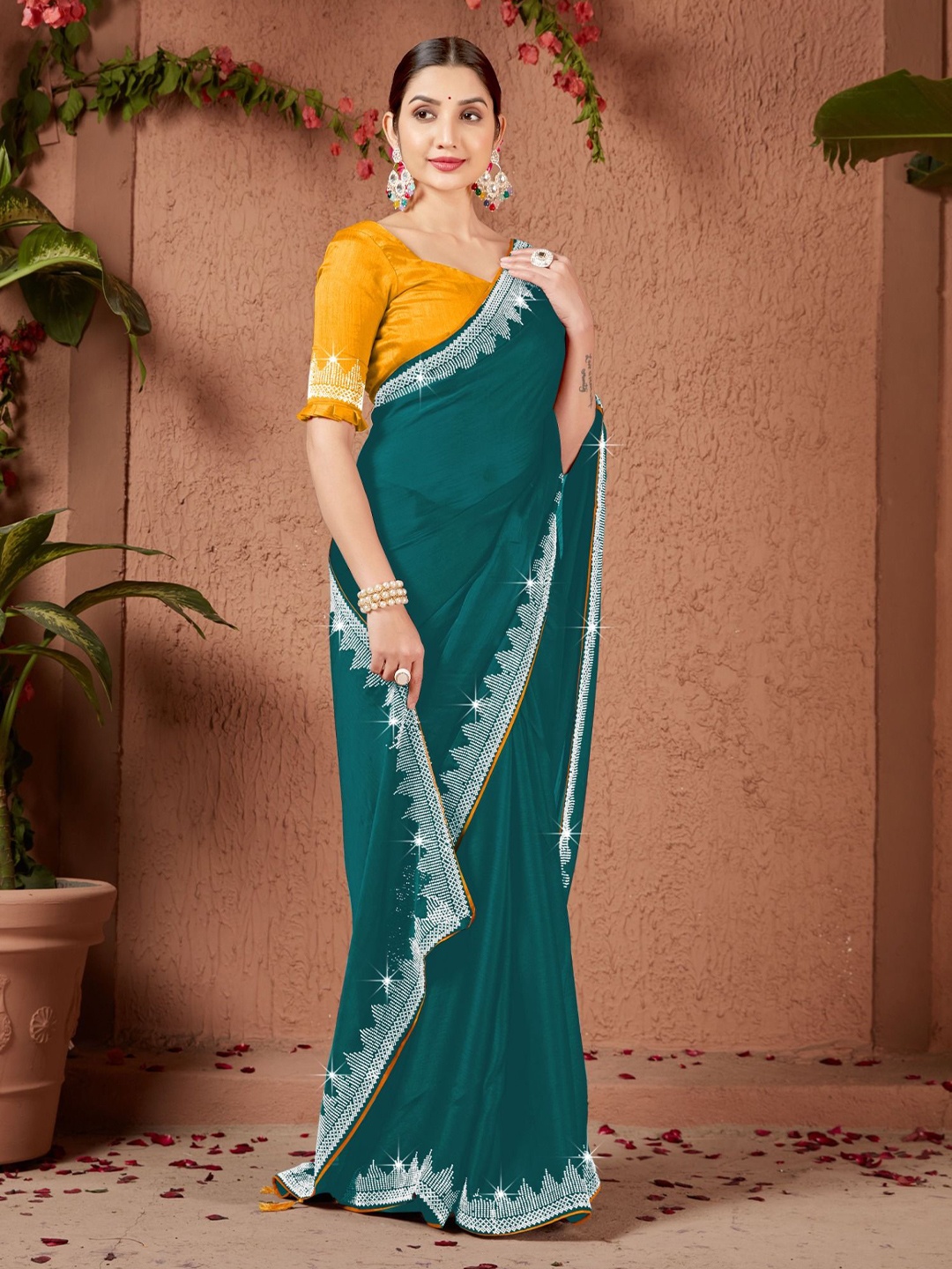 

PAYAL CREATION Floral Beads and Stones Pure Georgette Maheshwari Saree, Blue