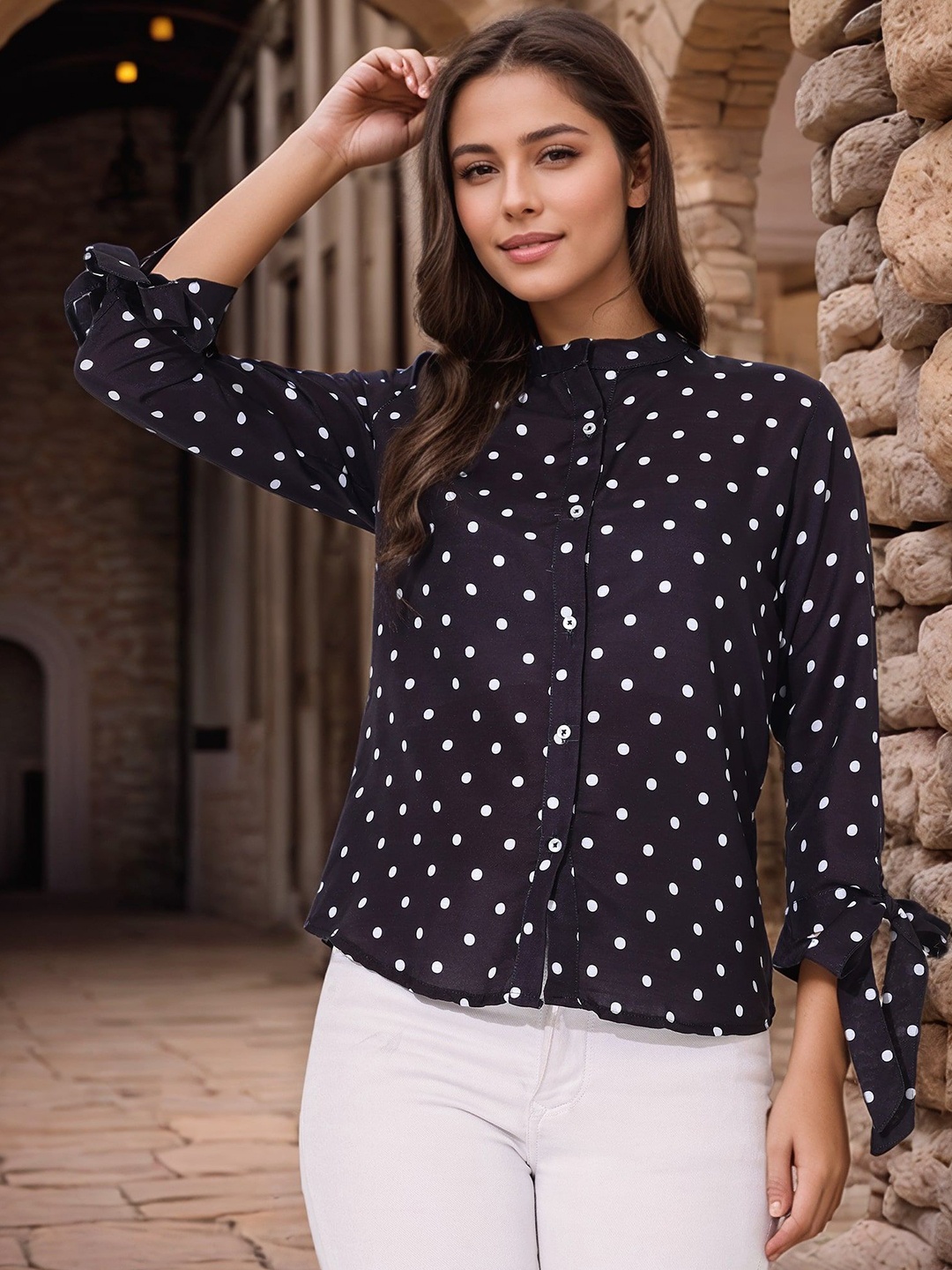 

DressBerry Women Polka Dots Printed Mandarin Collar Shirt Style Top, Black