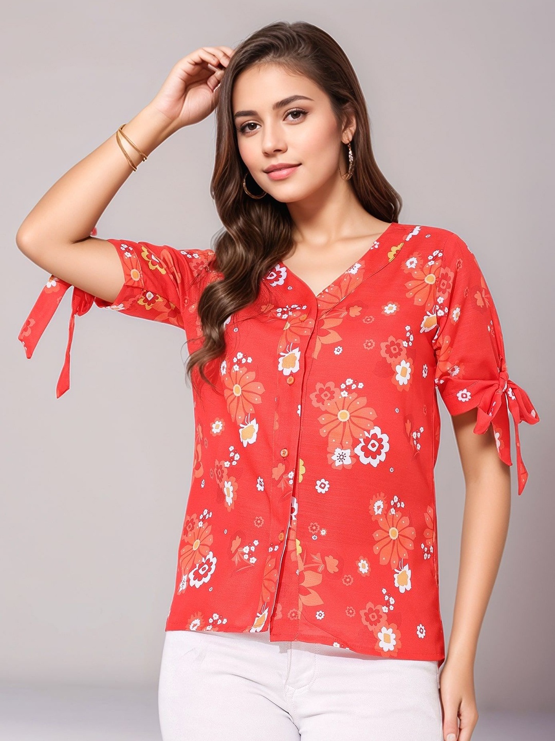 

DressBerry Floral Print Puff Sleeve Top, Orange