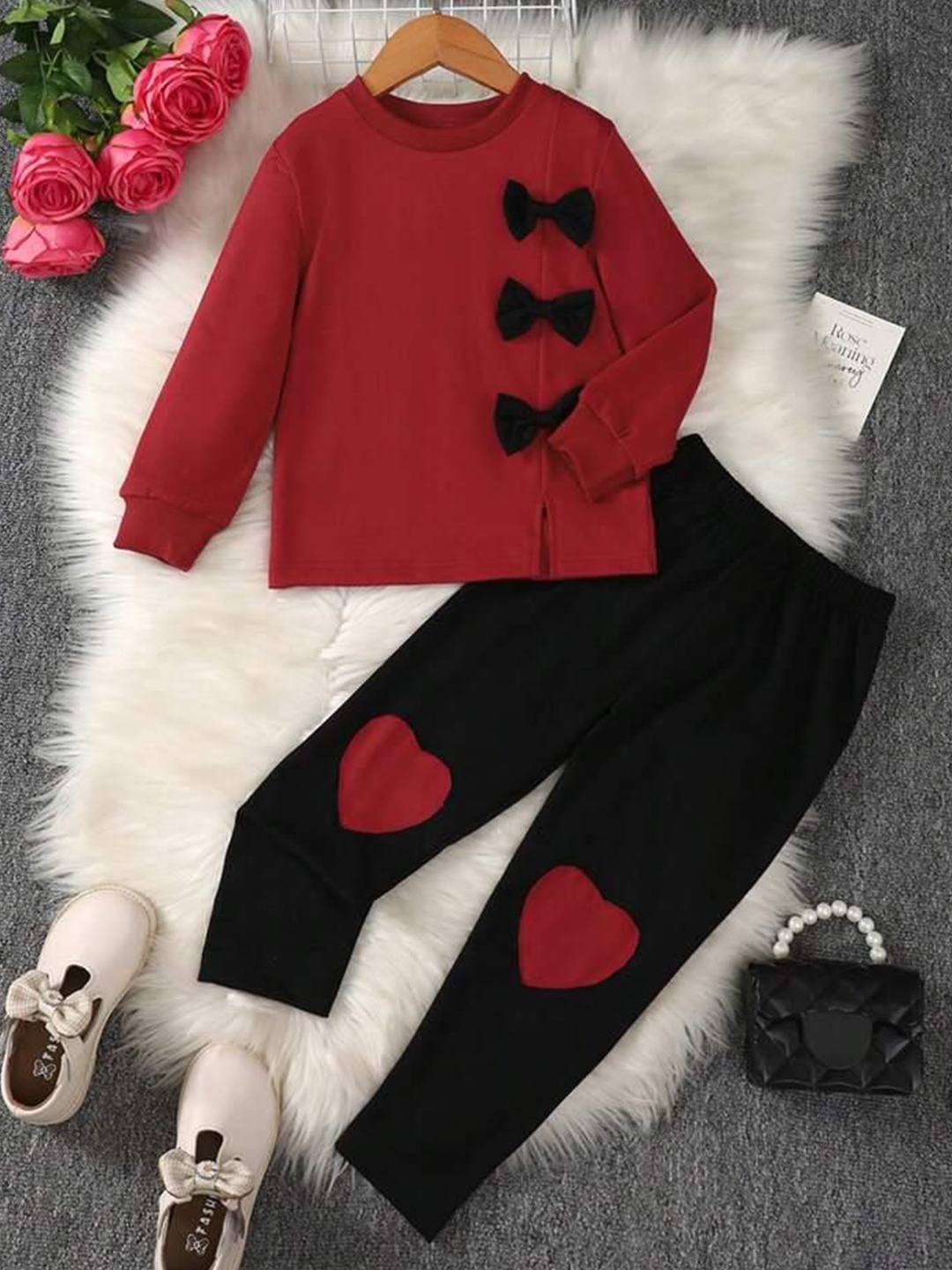 

AVOVU Girls Self Design Long Sleeves Sweatshirt With Trouser, Black