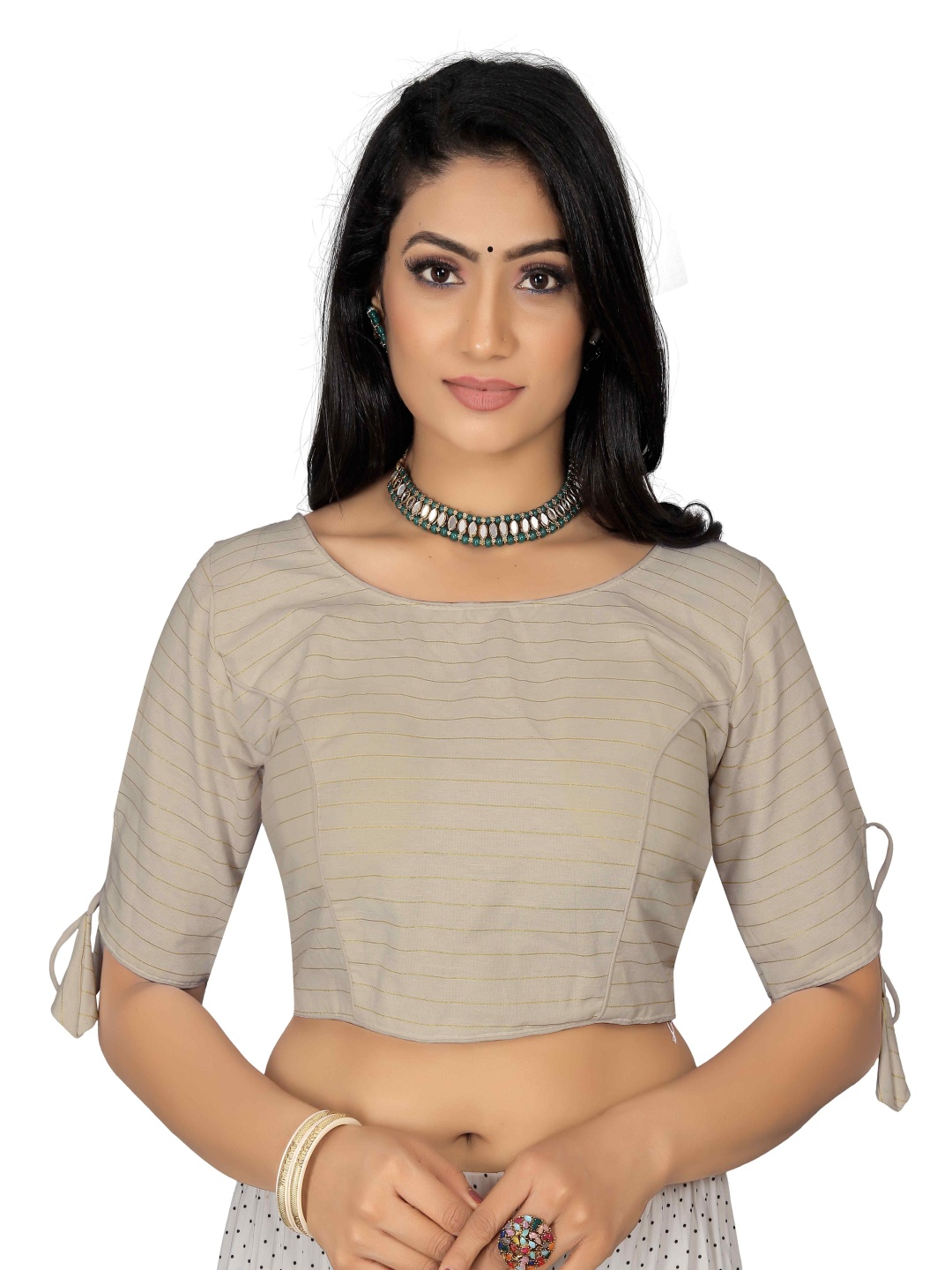 

HERE&NOW Woven Design Round Neck Saree Blouse, Grey