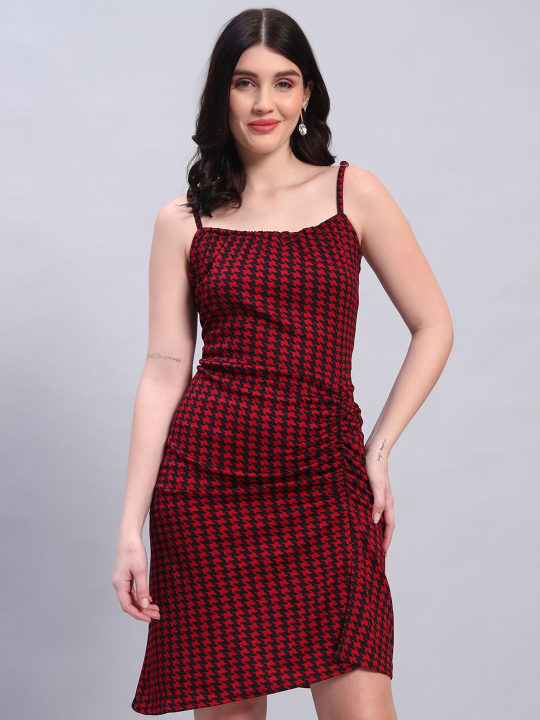 

ROSEMELON Women Checked Shoulder Straps A-Line Dress, Red