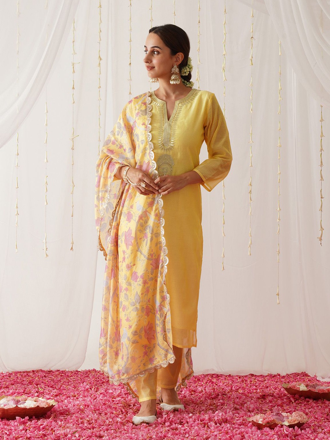 

Rustorange Women Floral Yoke Design Embroidered Straight Kurta with Trousers & Dupatta, Yellow