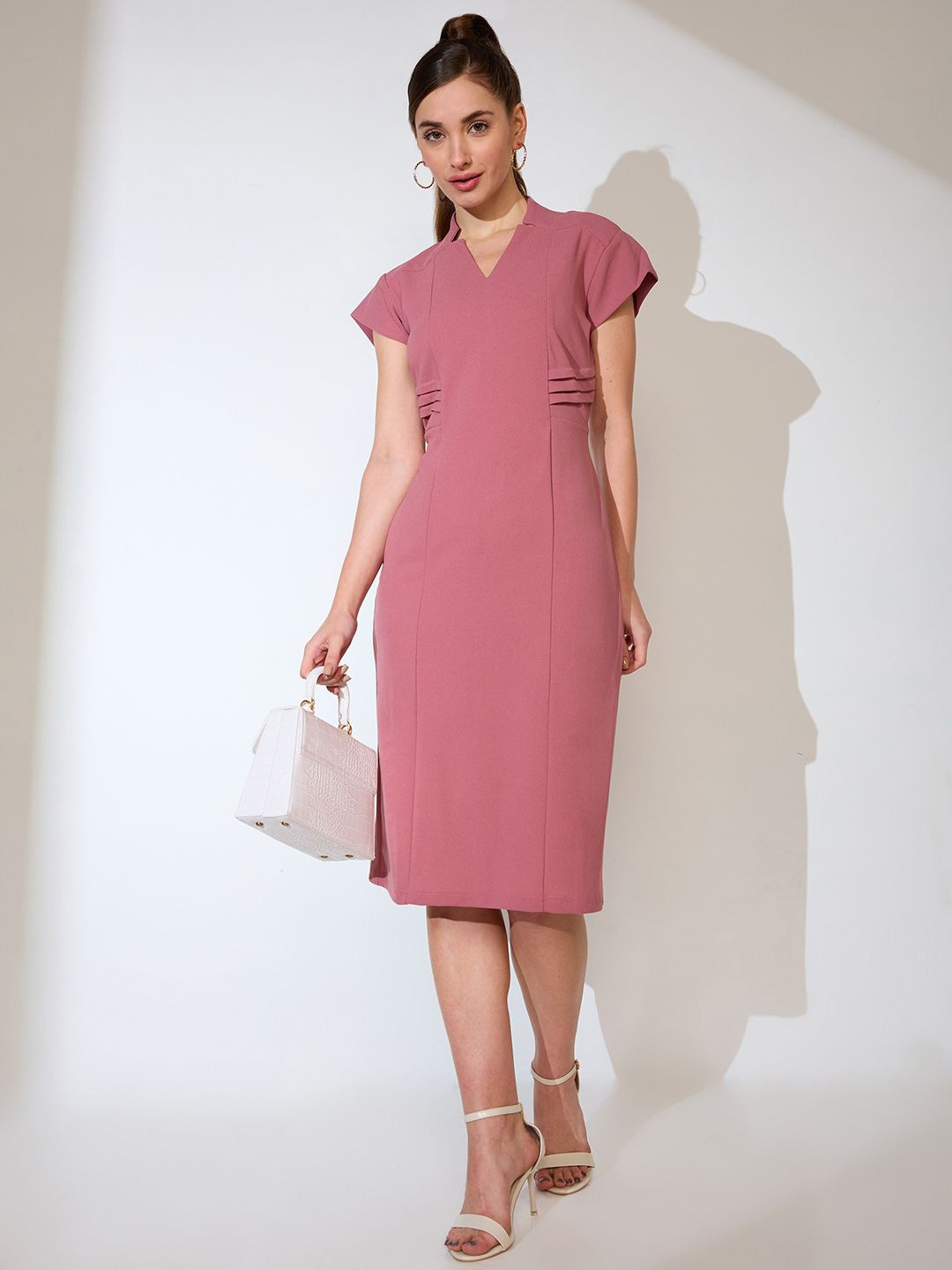 

Globus V-Neck Cap Sleeves Sheath Midi Workwear Dress, Pink