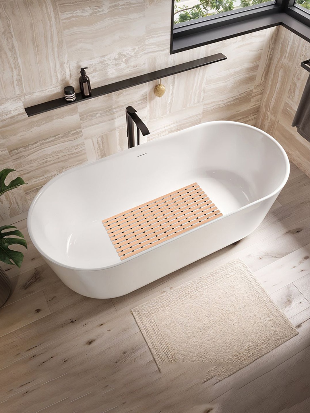 

Kuber Industries Beige & Black Striped 110 GSM Bath Rug