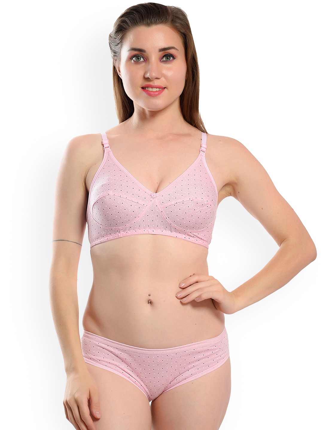 

Fihana Women Printed Cotton Shoulder Straps Lingerie Set With Breathable Cups, Pink