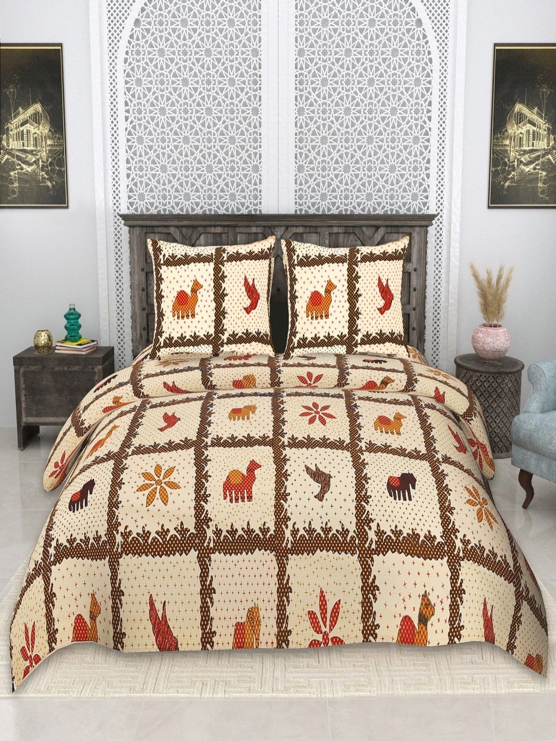 

CHICERY Beige & Brown Floral 210 TC King Bedsheet Set 2.74 m x 2.74 m