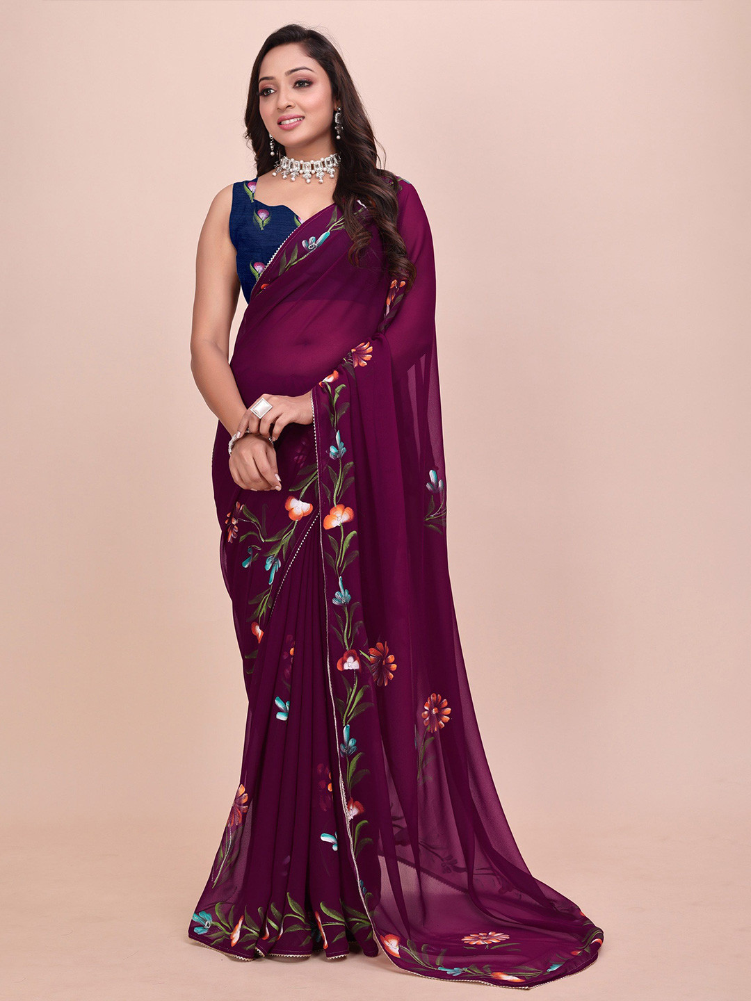 

Avojee Women Floral Printed Saree With Blouse Piece, Purple