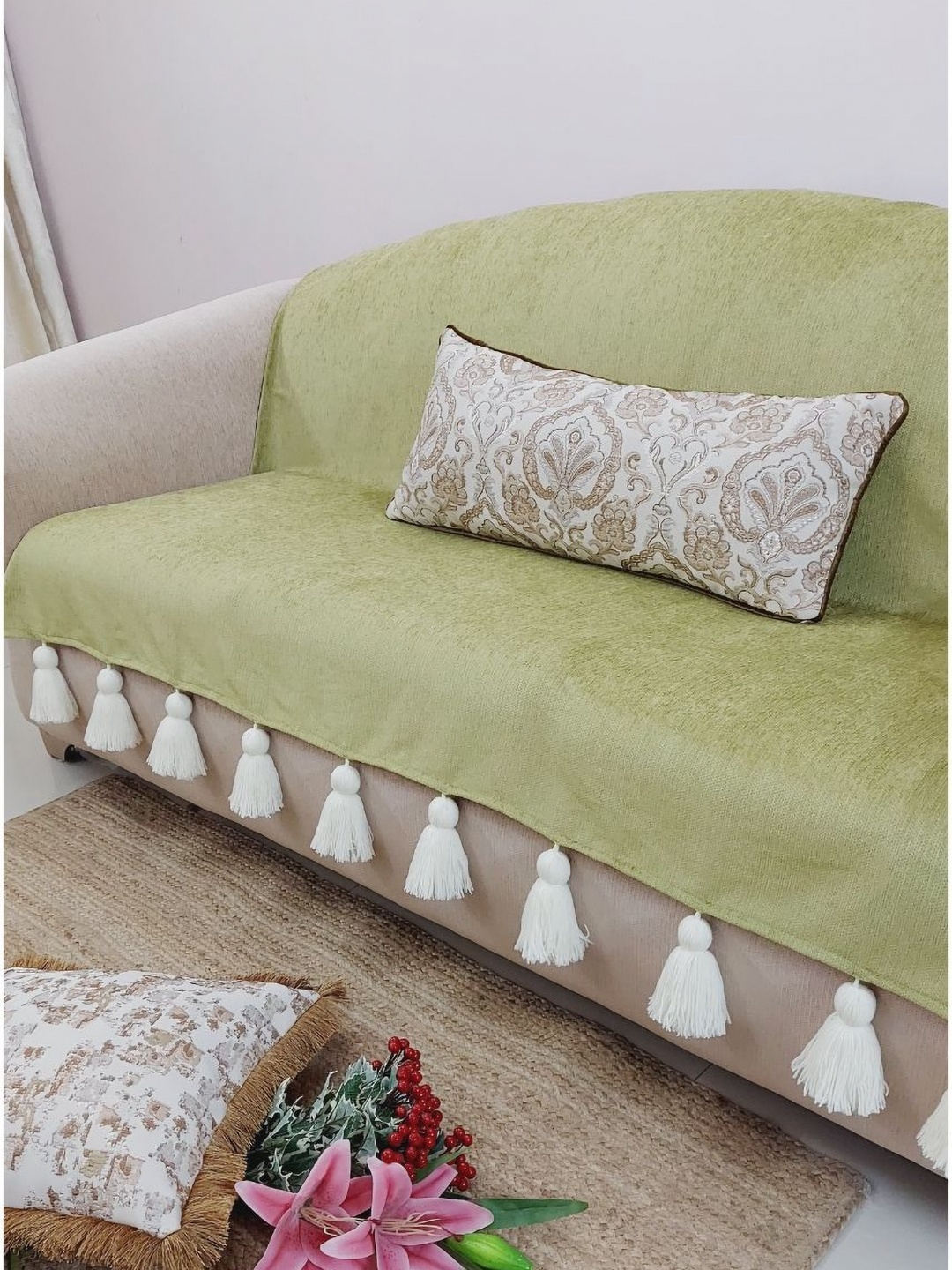 

THROWPILLOW Olive Green & Off White 3 Seater Sofa Cover