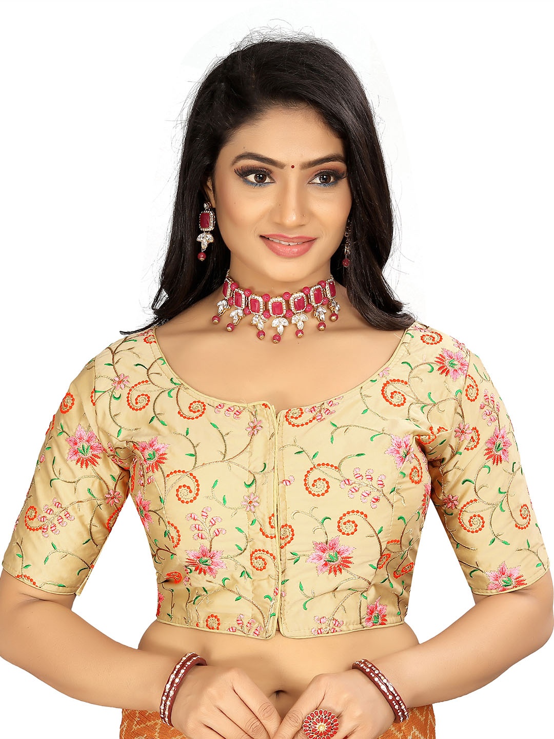 

HERE&NOW Women Embroidered Round Neck Saree Blouse, Gold