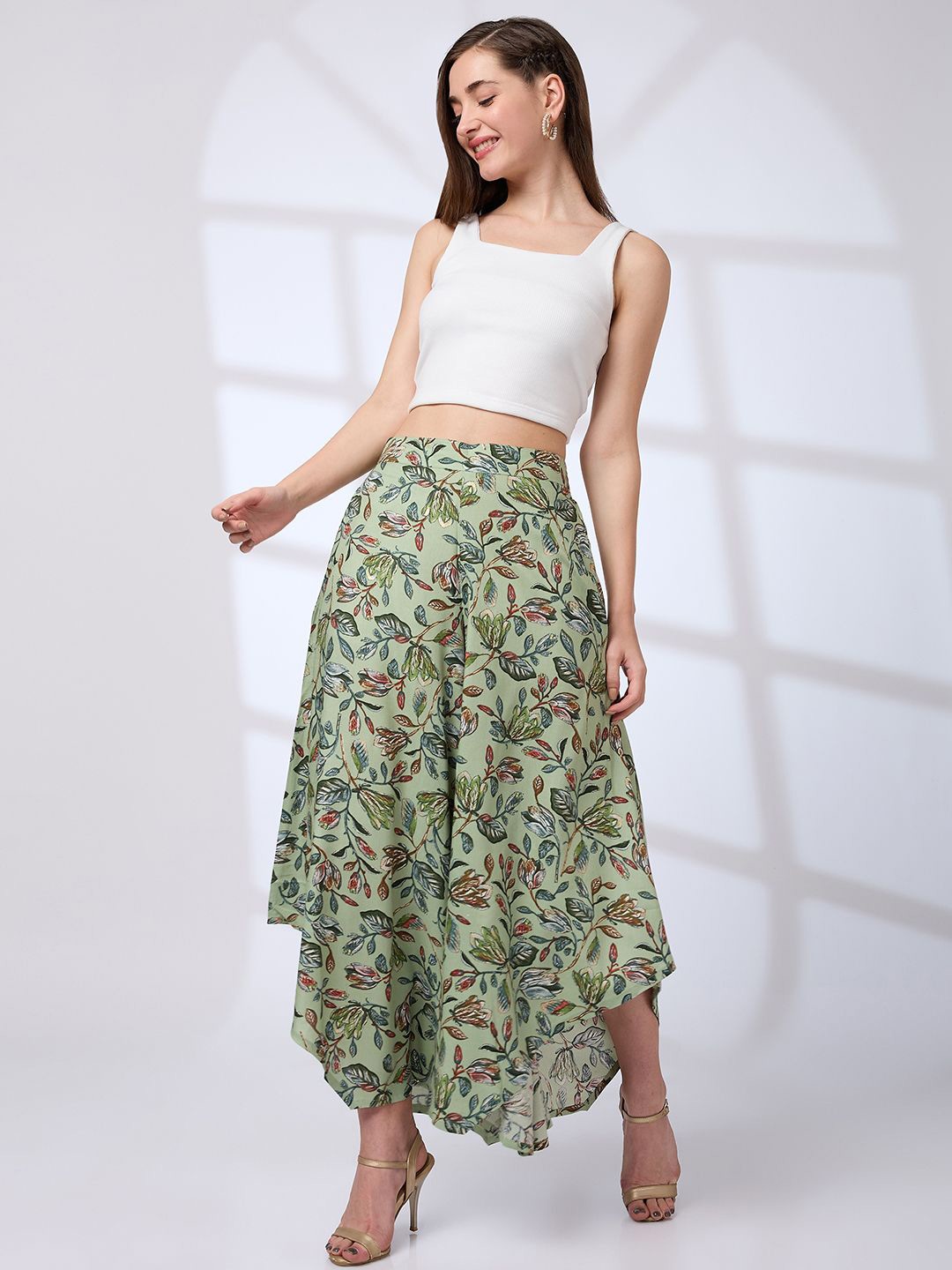 

Globus Allover Floral Print Asymmetric Flared Hem Fusion Palazzos, Green