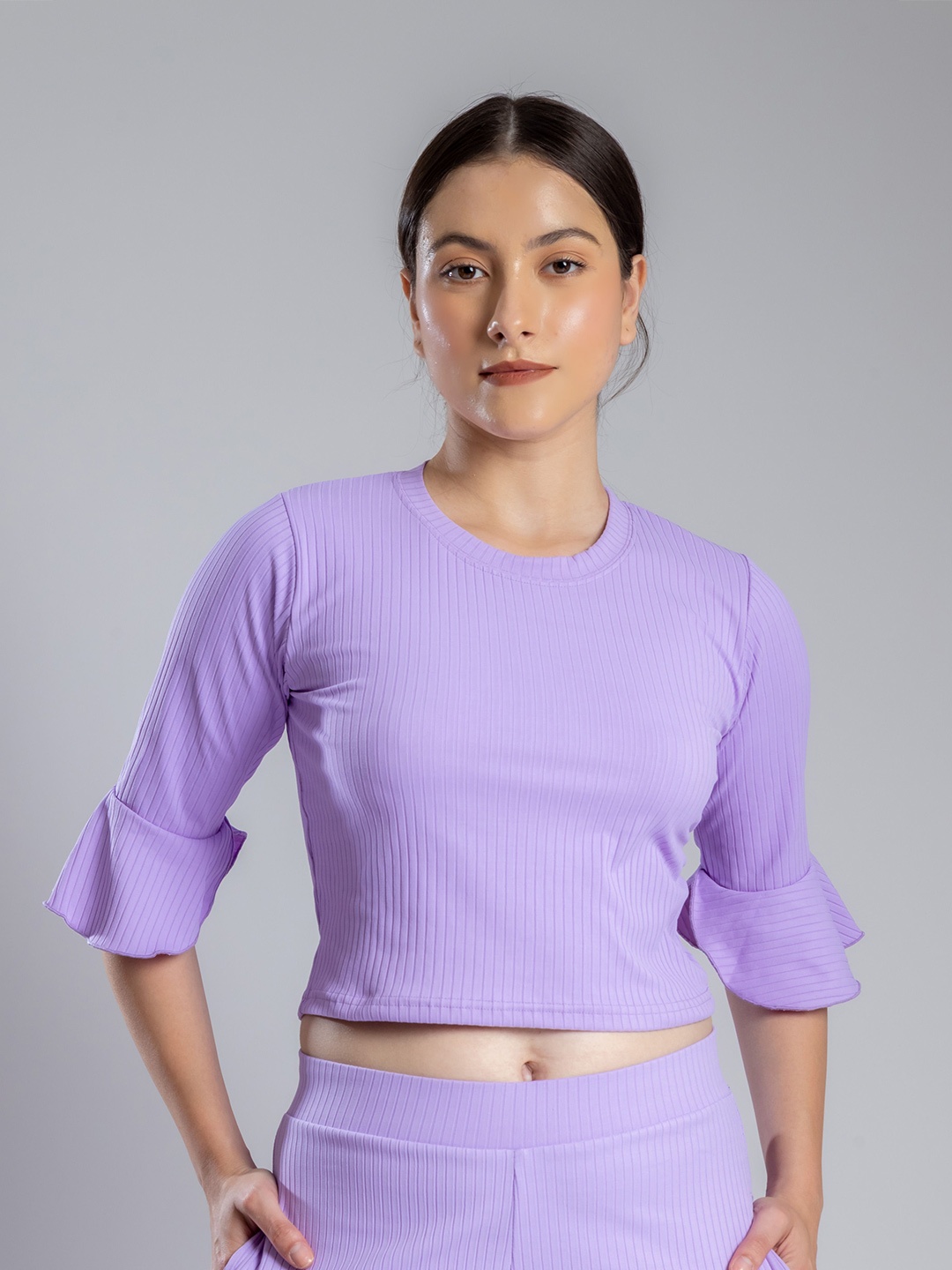 

PYR8 Striped Bell Sleeve Crop Top, Lavender