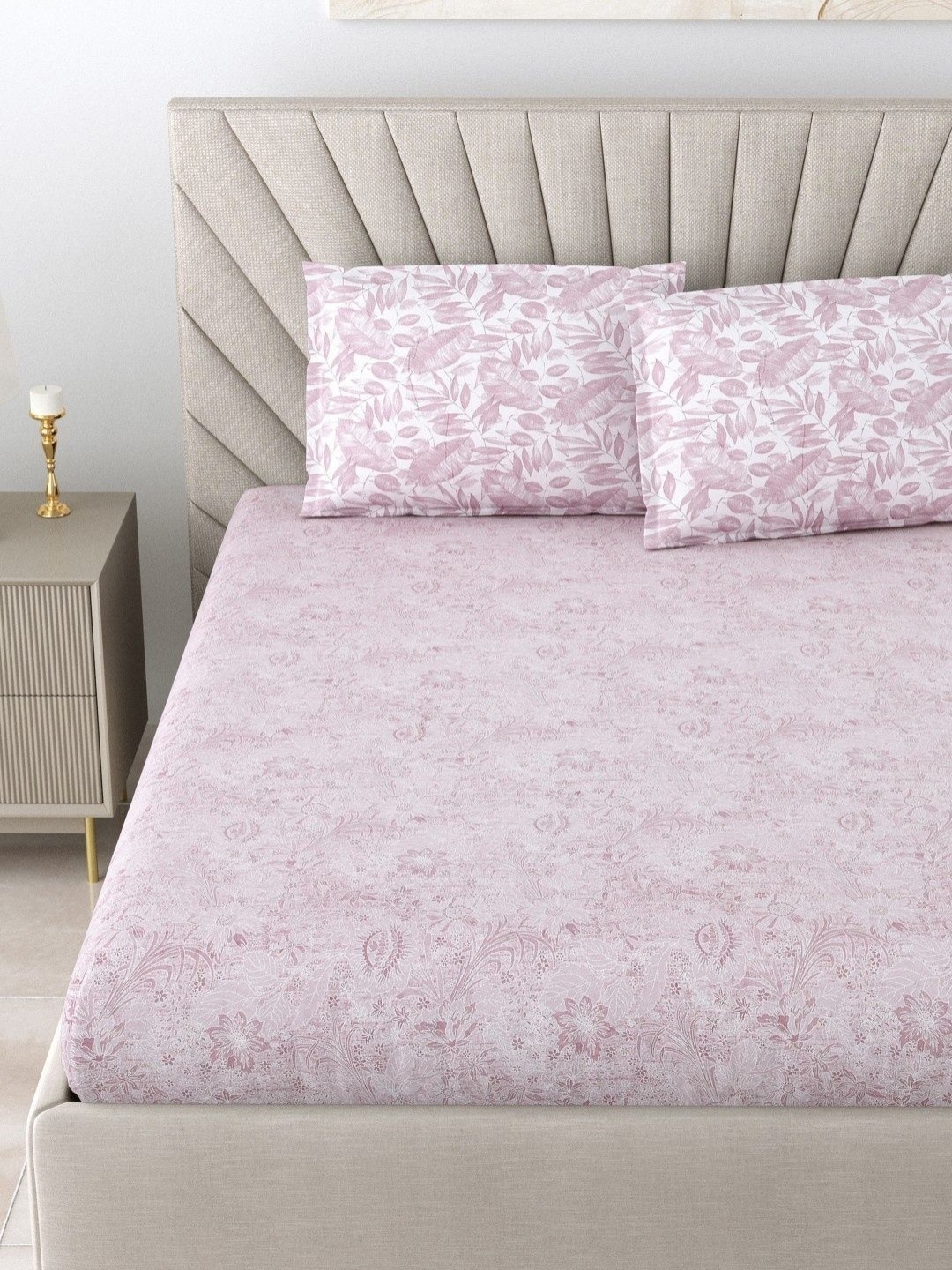 

Myntra Elegant Homes Bliss Pink Printed Cotton 180 TC King Bedsheet Set 2.74 m X 2.74 m