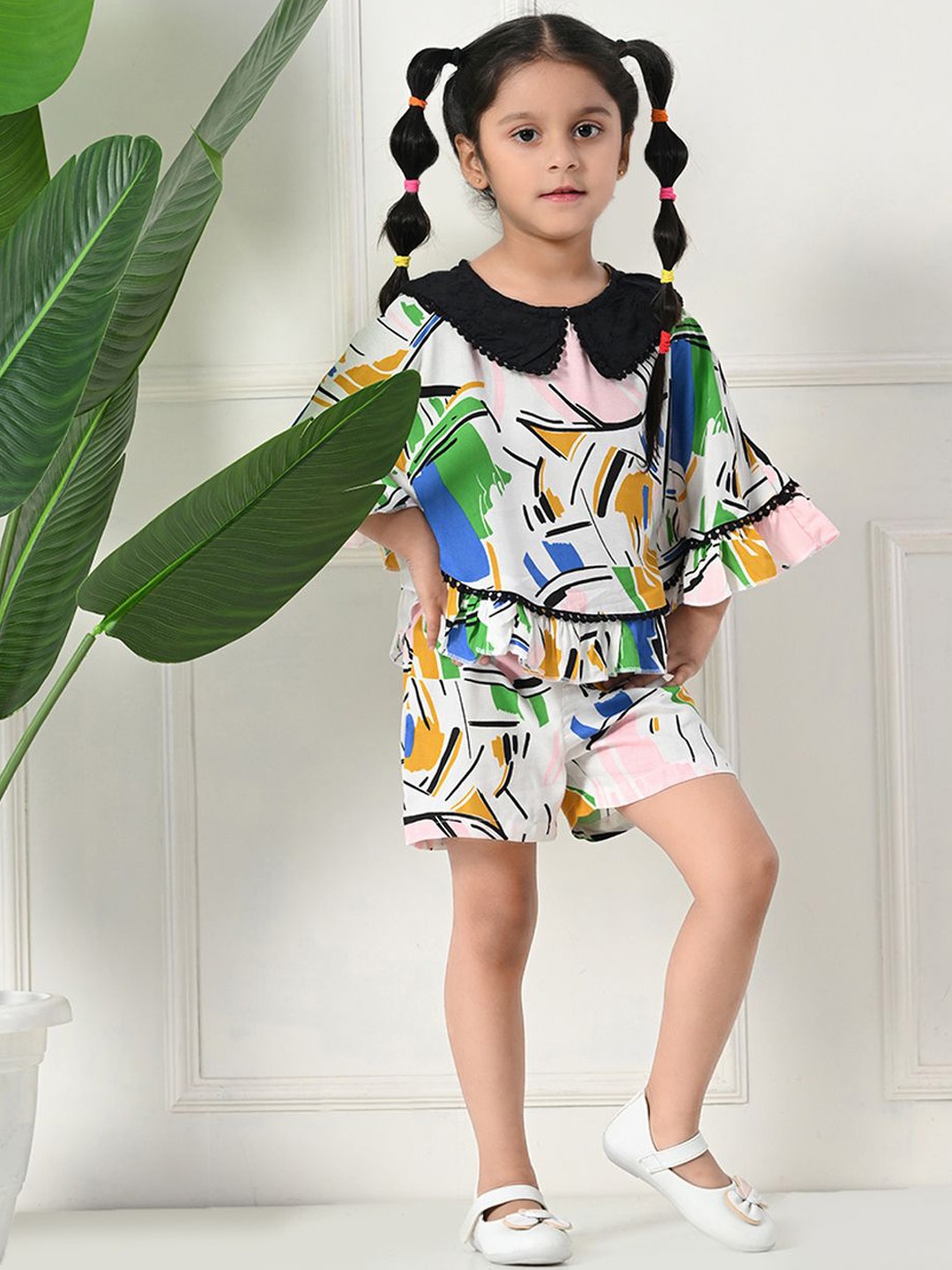

BAESD Girls Abstract Printed Round Neck Pure Cotton Top With Shorts, Black