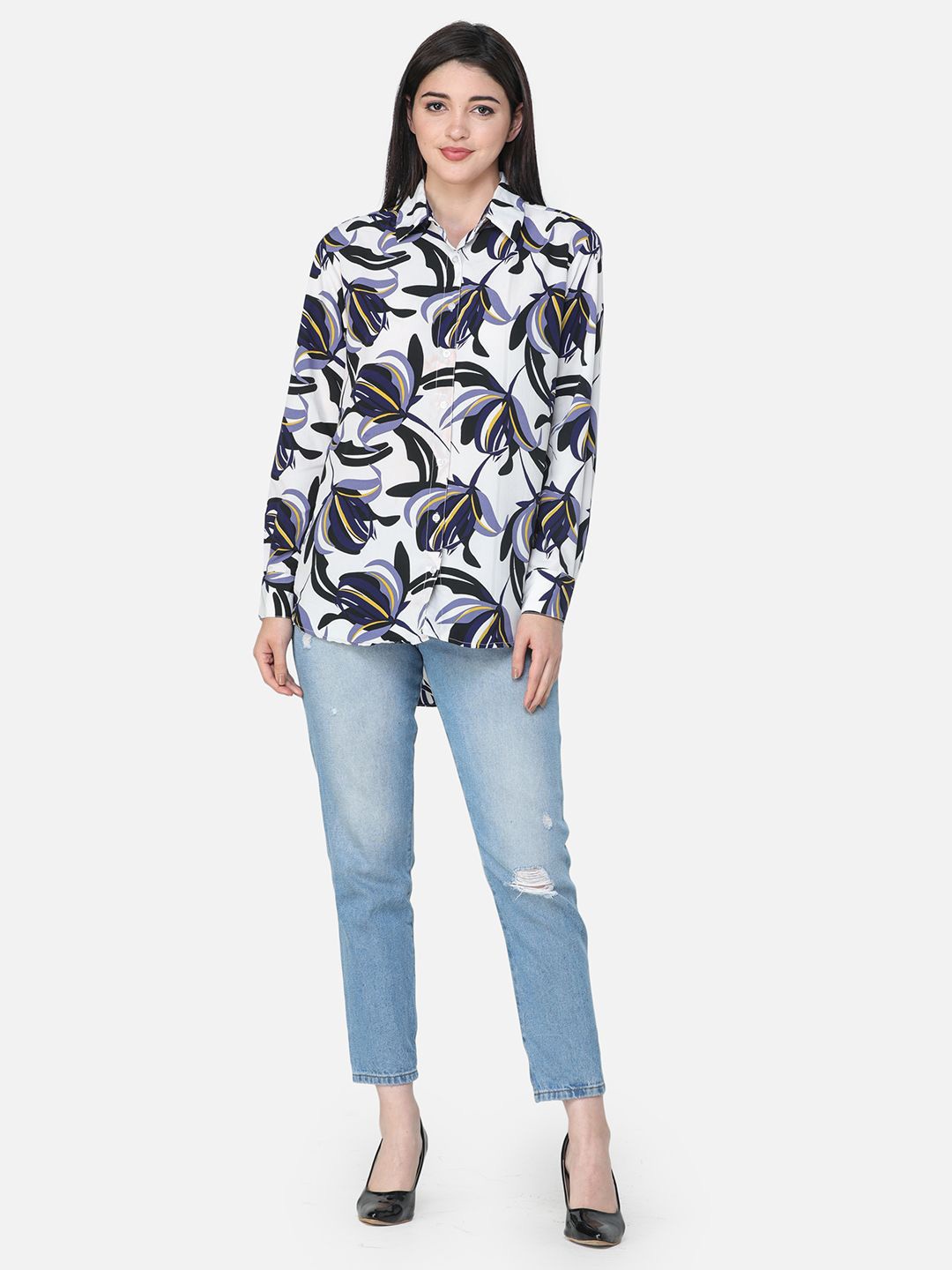 

Moda Rapido Women Comfort Relaxed Fit Spread Collar Floral Printed Casual Shirt, White