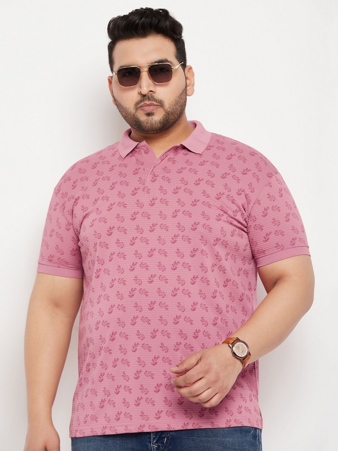 

NYKER Men Plus Size Floral Printed Polo Collar Cotton T-shirt, Peach