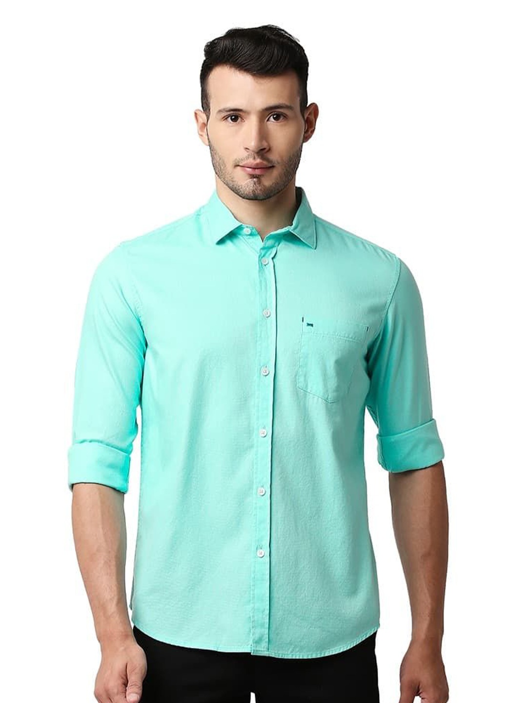 

Basics Men Relaxed Fit Spread Collar Solid Cotton Casual Shirt, Sea green