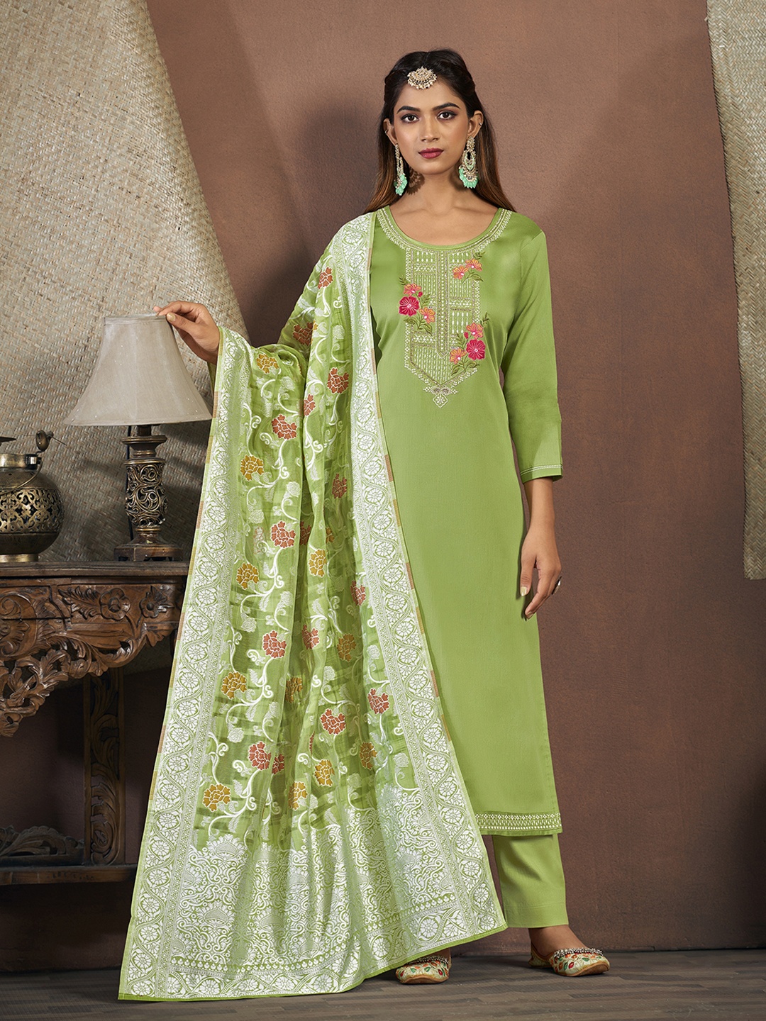 

Anouk Green Floral Embroidered Sequunied Unstitched Dress Material