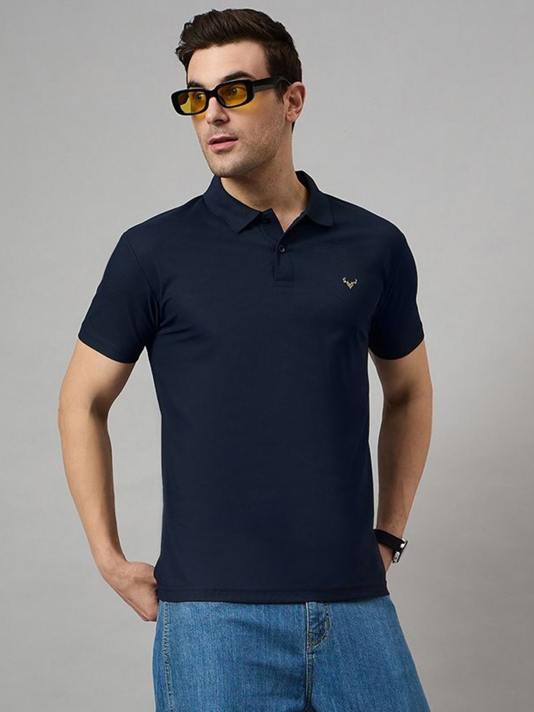 

BRONATION Men Solid Polo Collar Cotton T-shirt, Navy blue
