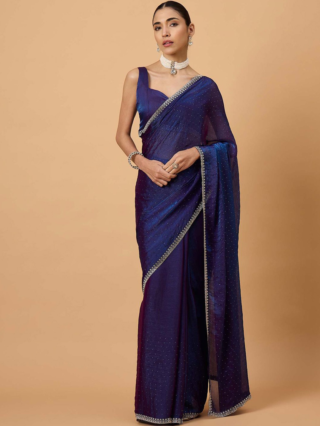 

all about you Embellished Beads and Stones Pure Chiffon Saree, Navy blue