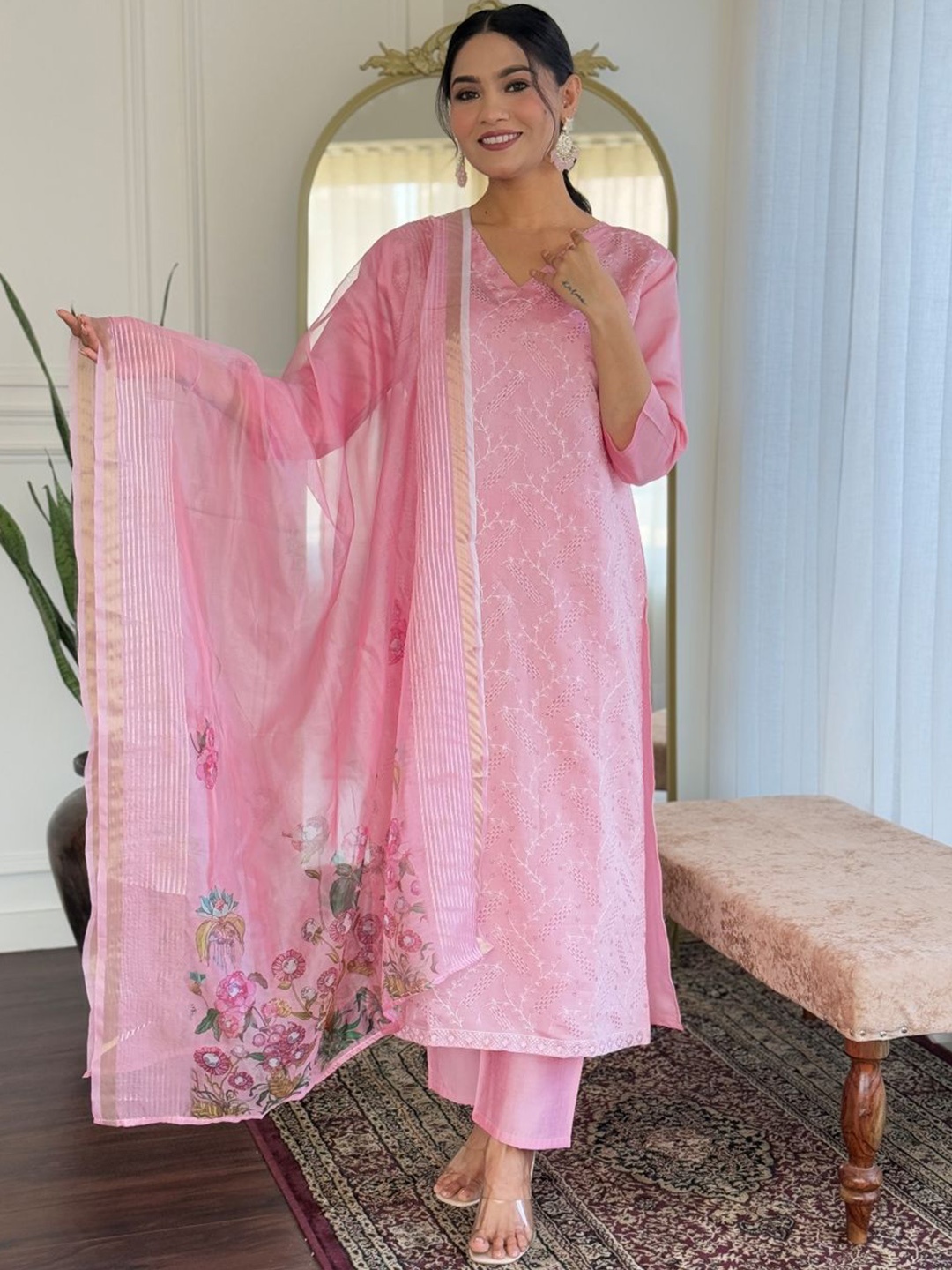 

Heavenly Attire Floral Embroidered Pure Cotton Straight Kurta With Trouser And Dupatta, Pink