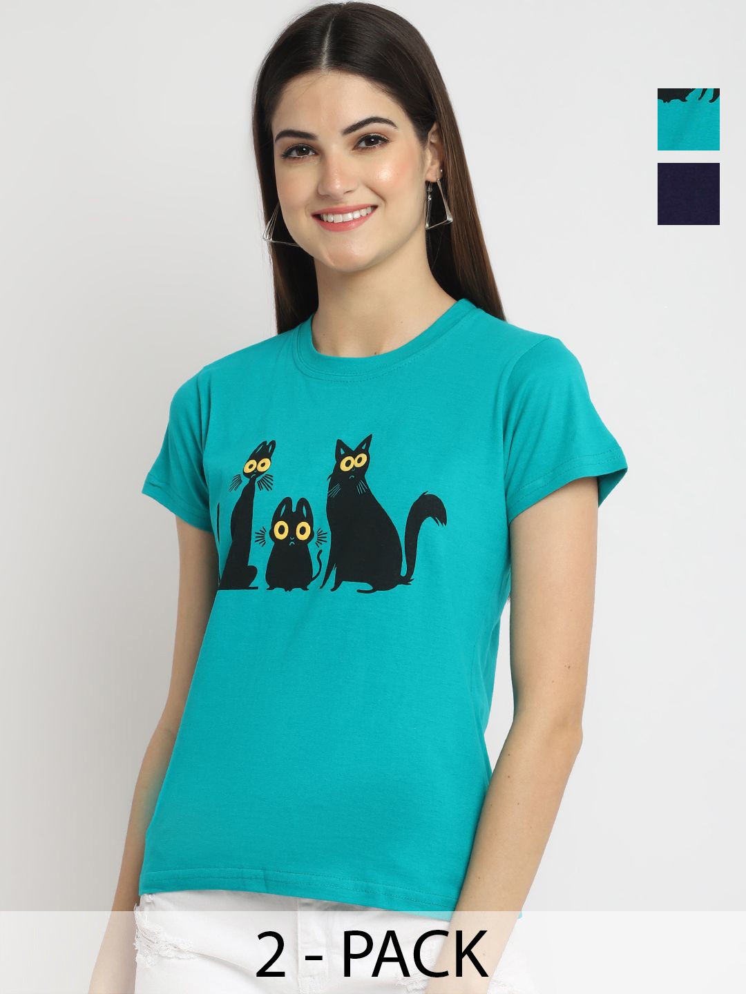

Dreambe Women Pack Of 2 Graphic Printed Round Neck Cotton T-shirts, Teal