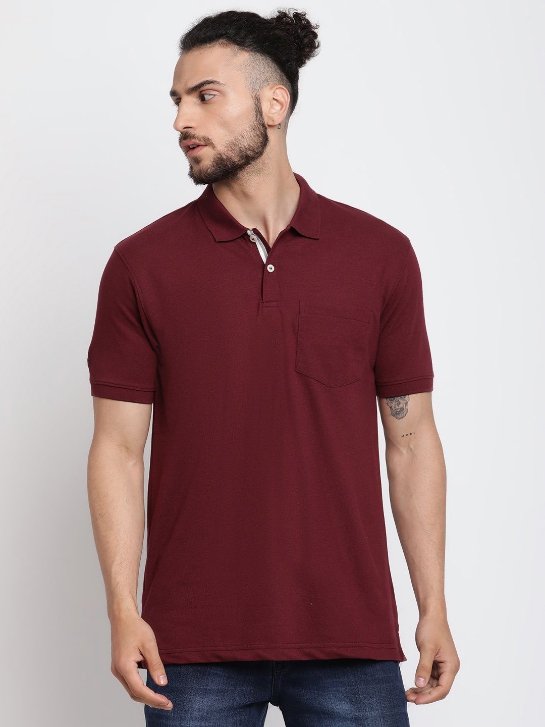 

Cantabil Men Solid Polo Collar Cotton T-shirt, Burgundy