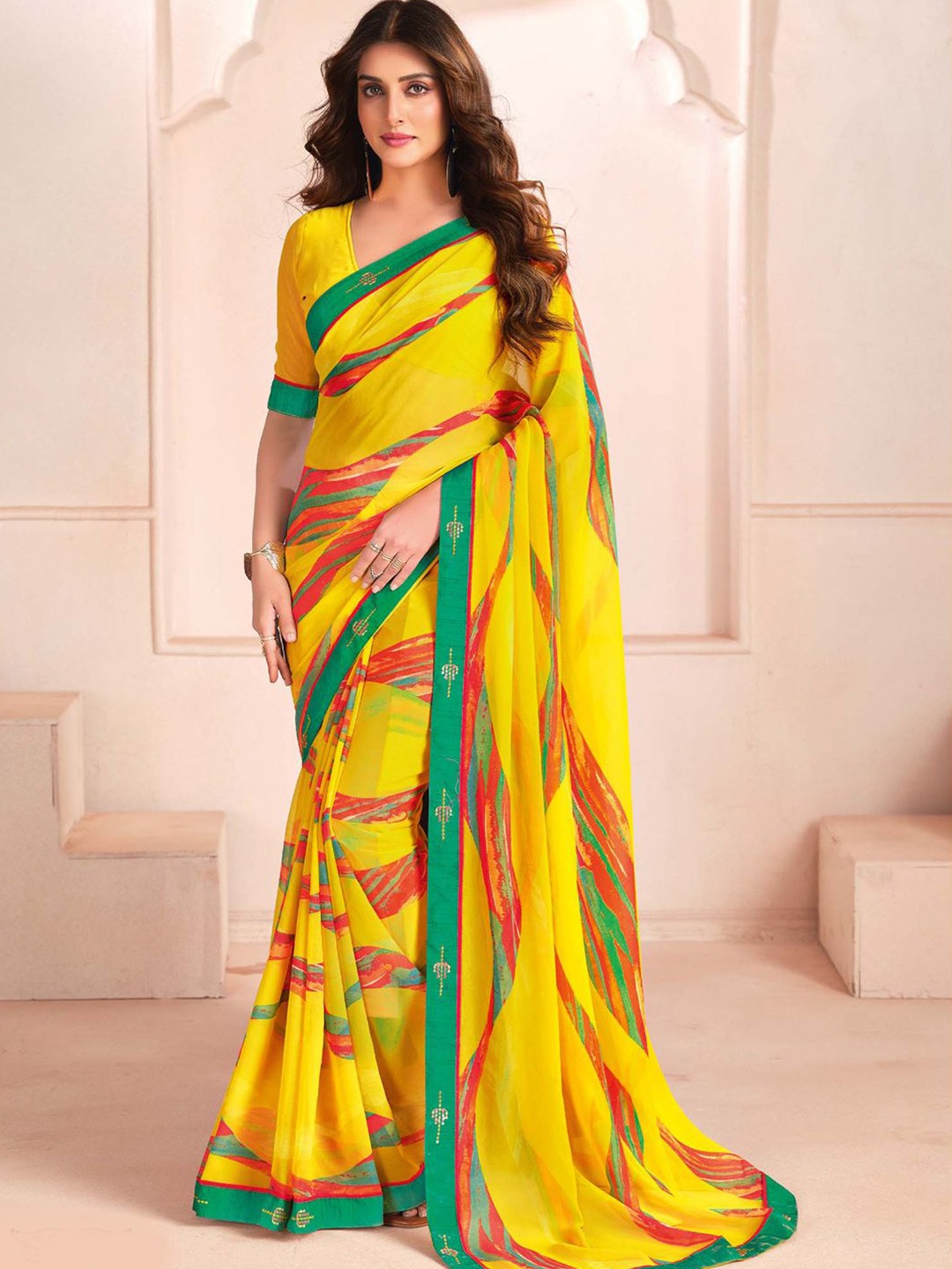 

House Of Pataudi Printed Daily Wear Saree With Blouse Piece, Yellow