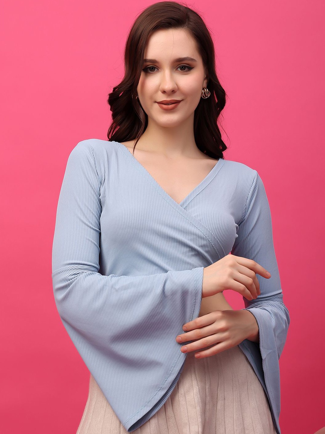 

Moda Rapido Ribbed Bell Sleeves Wrap Top, Blue