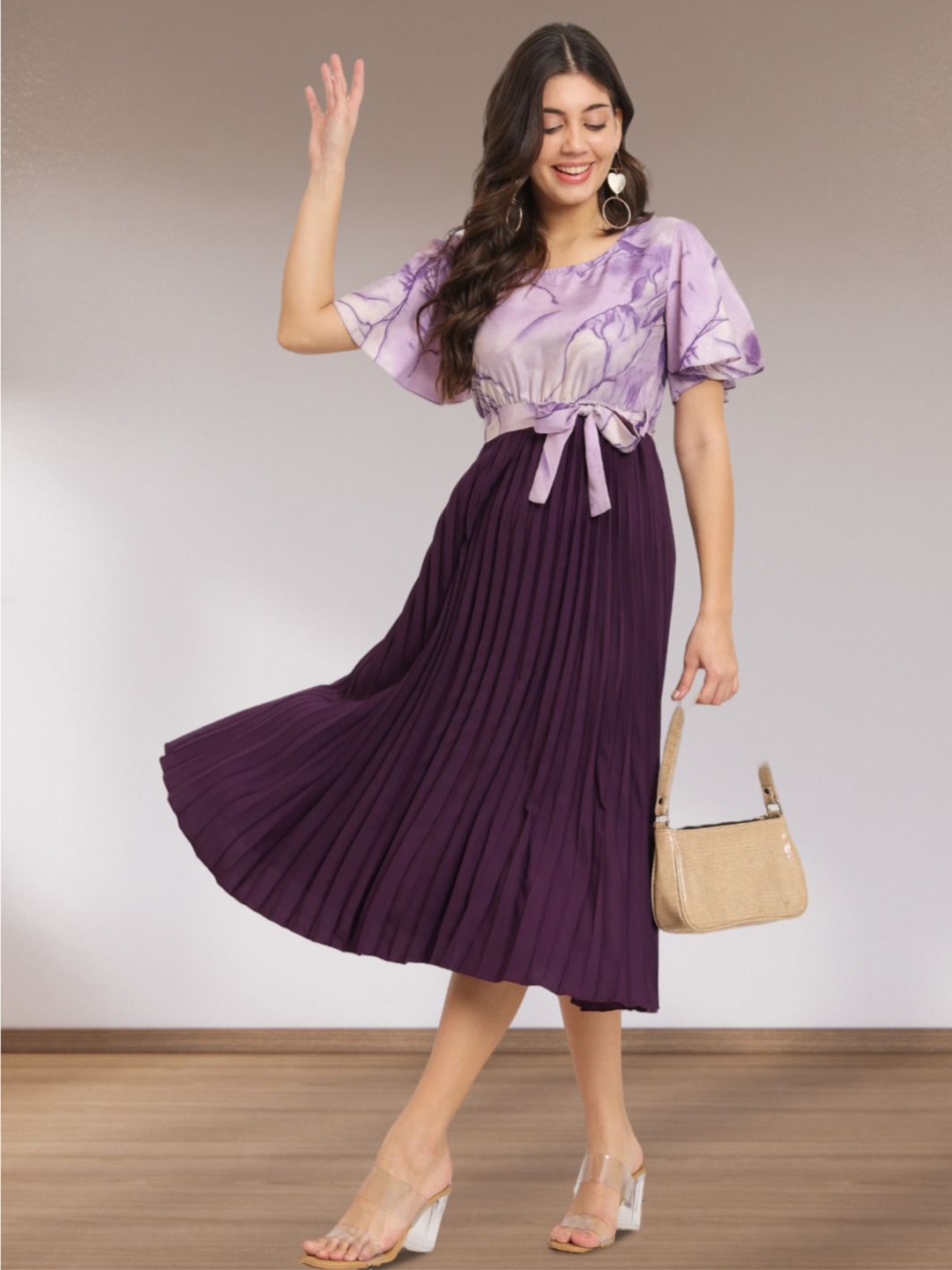 

ZWERLON Print Flared Sleeve Applique Linen A-Line Round Neck Midi Dress, Multi