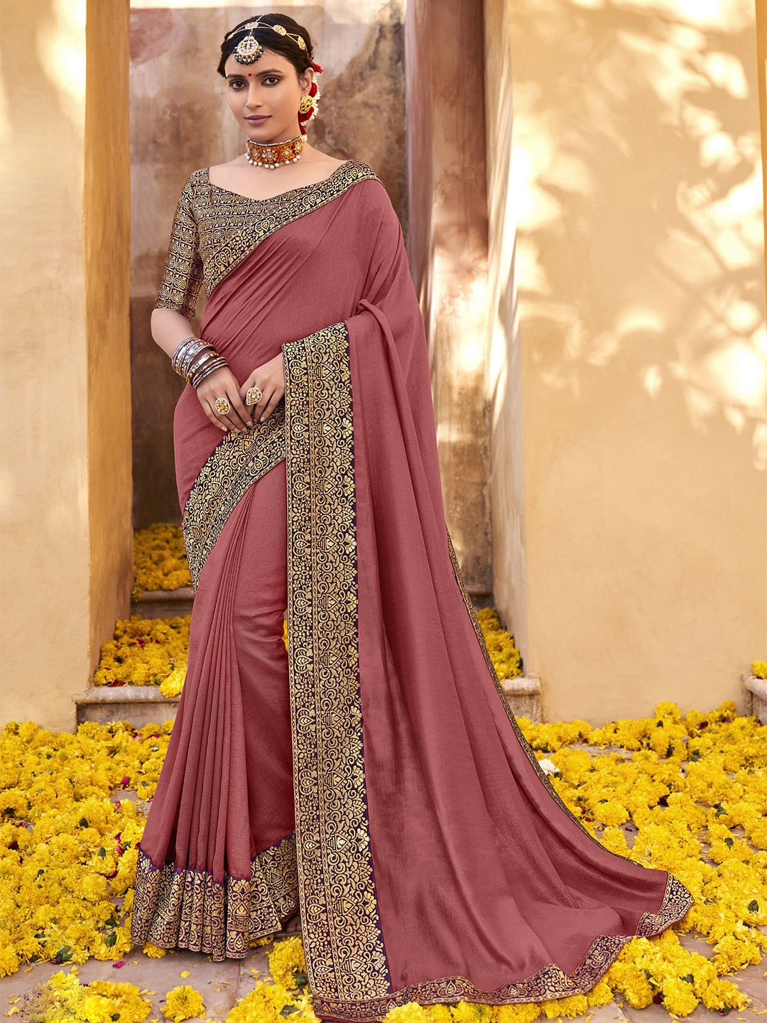 

VIRENDRA TEXTILES Zari Pure Georgette Saree, Mauve