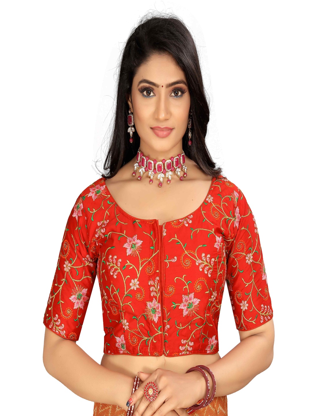 

HERE&NOW Embroidered Round Saree Blouse, Red