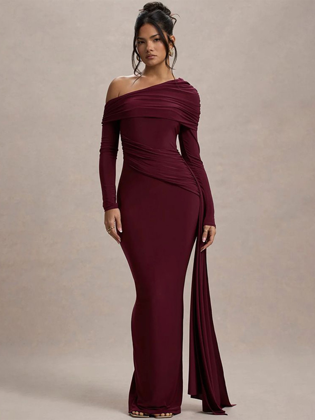 

MIAKEE One Shoulder Maxi Dress, Maroon