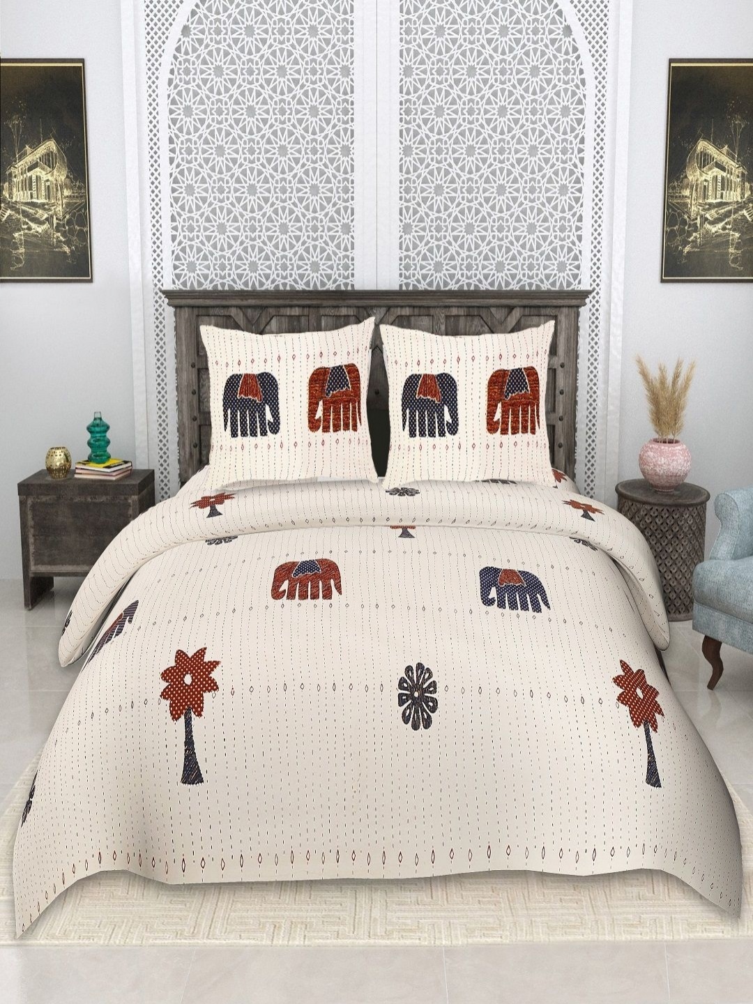 

CHICERY White & Blue Ethnic Motifs 210 TC King Bedsheet Set 2.74 m x 2.74 m