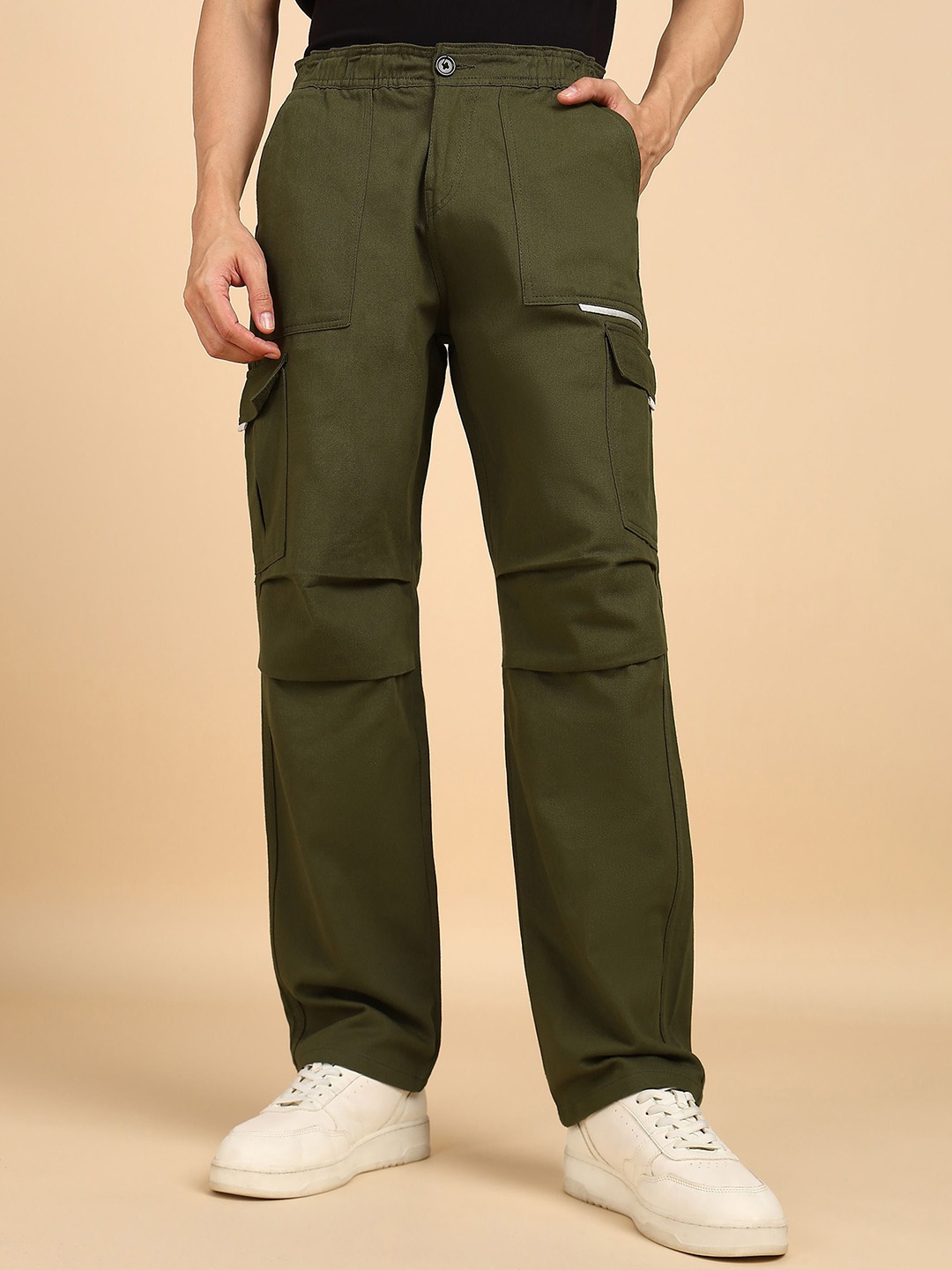 

MONTREZ Men Comfort Loose Fit Cargos Trousers, Olive