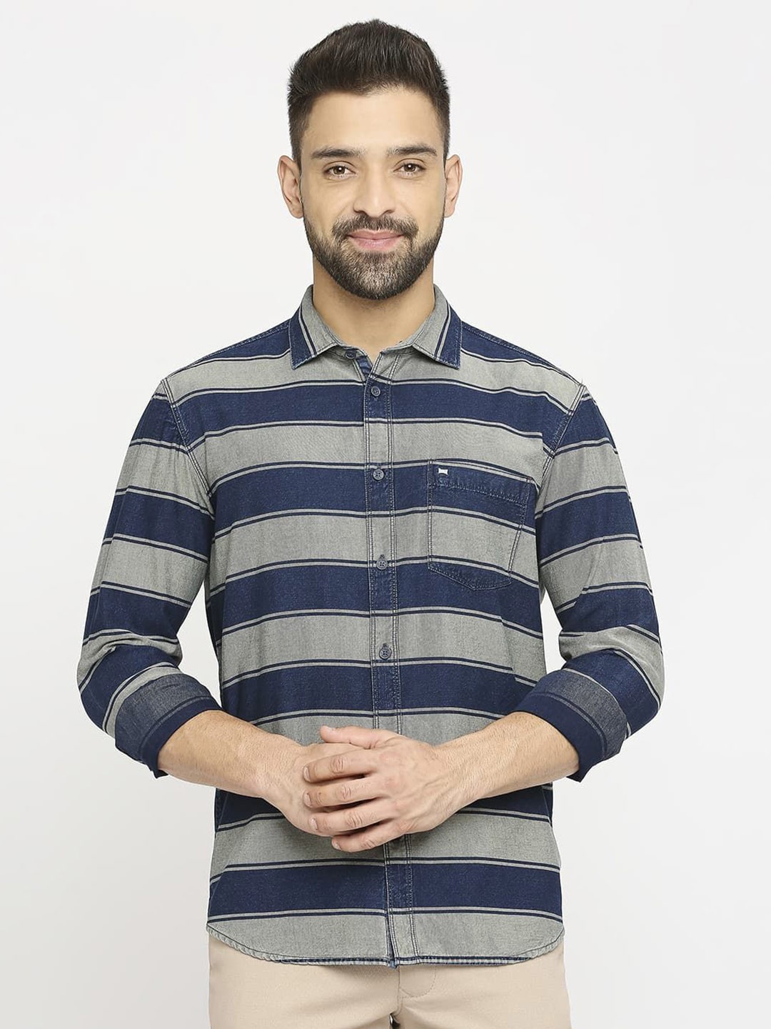 

Basics Men Relaxed Fit Spread Collar Horizontal Striped Cotton Casual Shirt, Blue
