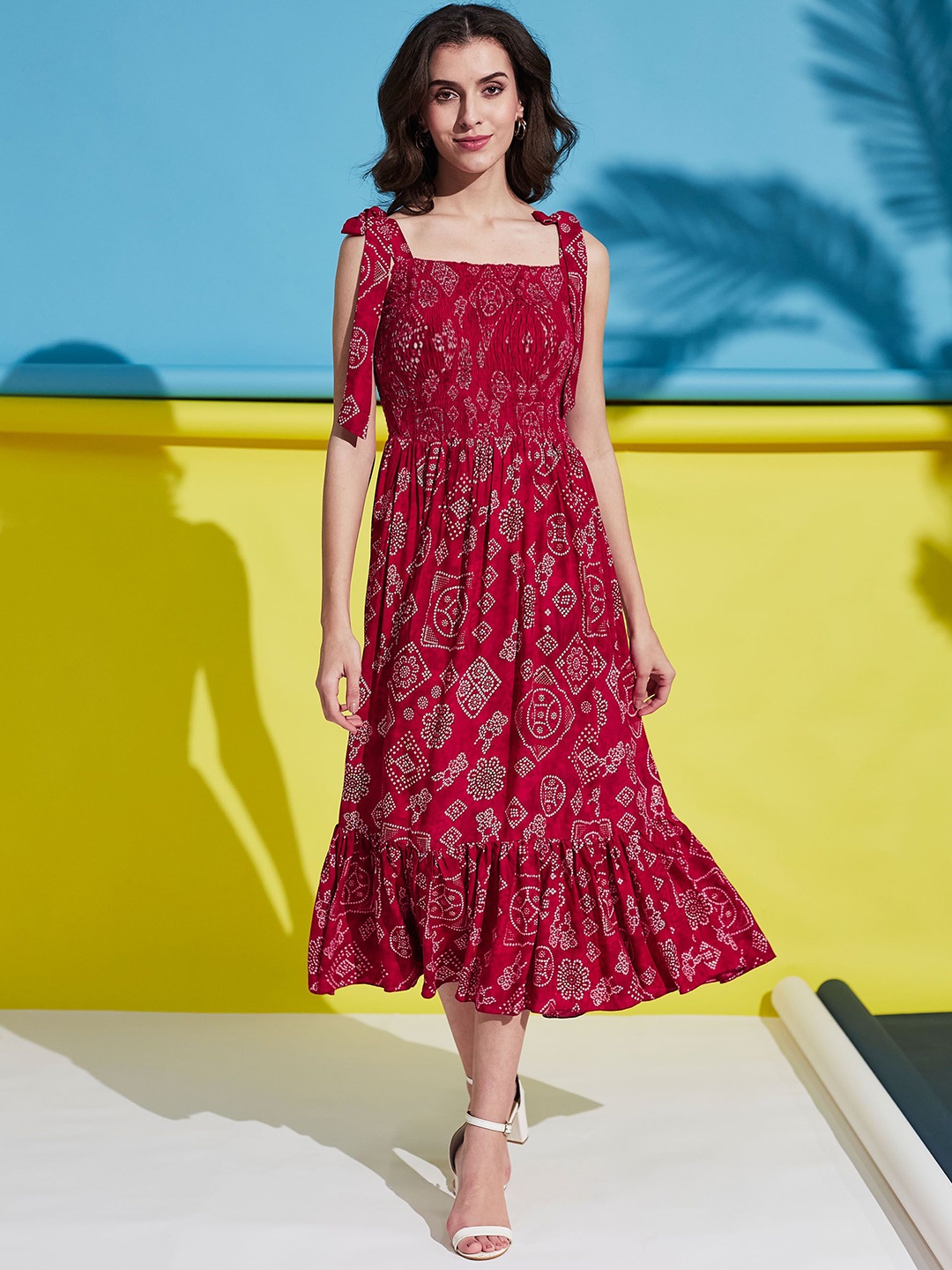 

YANAMORA Ethnic Motifs Print Fit & Flare Midi Dress, Pink