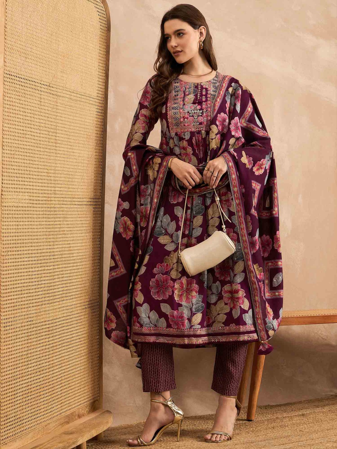

CHETI Floral Printed Pleated Chanderi Silk A-Line Kurta with Trousers & Dupatta, Purple