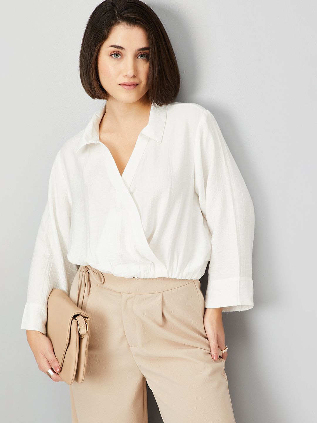 

max Women Textured Shirt Collar Top, White