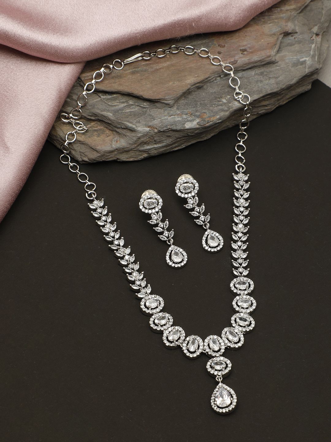 

VIVAZS Rhodium-Plated American Diamond-Studded Jewellery Set, Silver