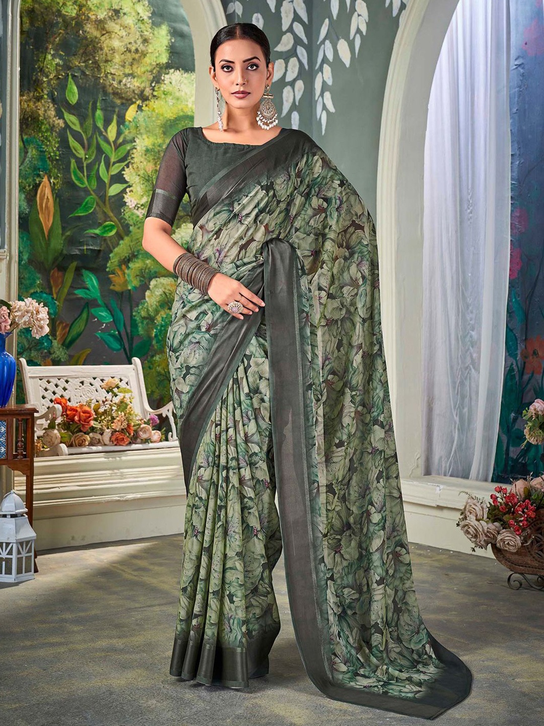 

Mitera Floral Printed Pure Chiffon Muga Saree, Sea green