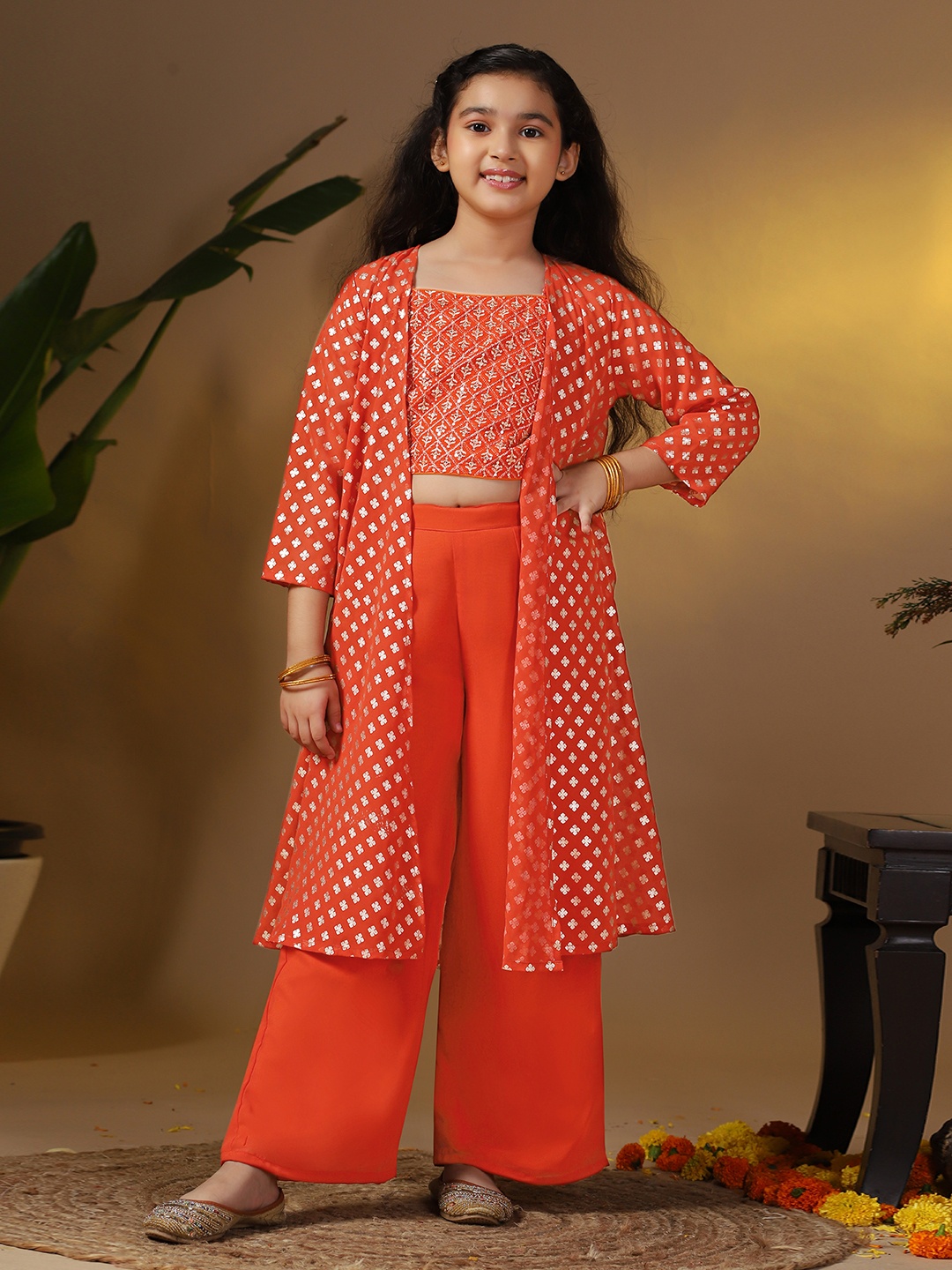 

Sangria Girls Rust Square Neck Embroidered Georgette Crop Top With Palazzo And Shrug